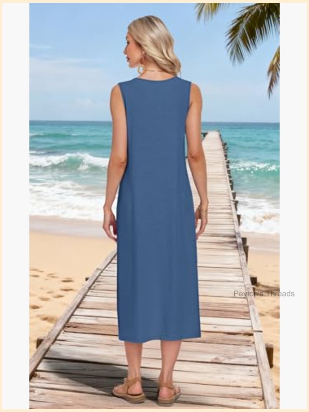 Casual Midi Dress V Neck Sleeveless Summer Beach Button Down with Pockets - Picture 6 of 7
